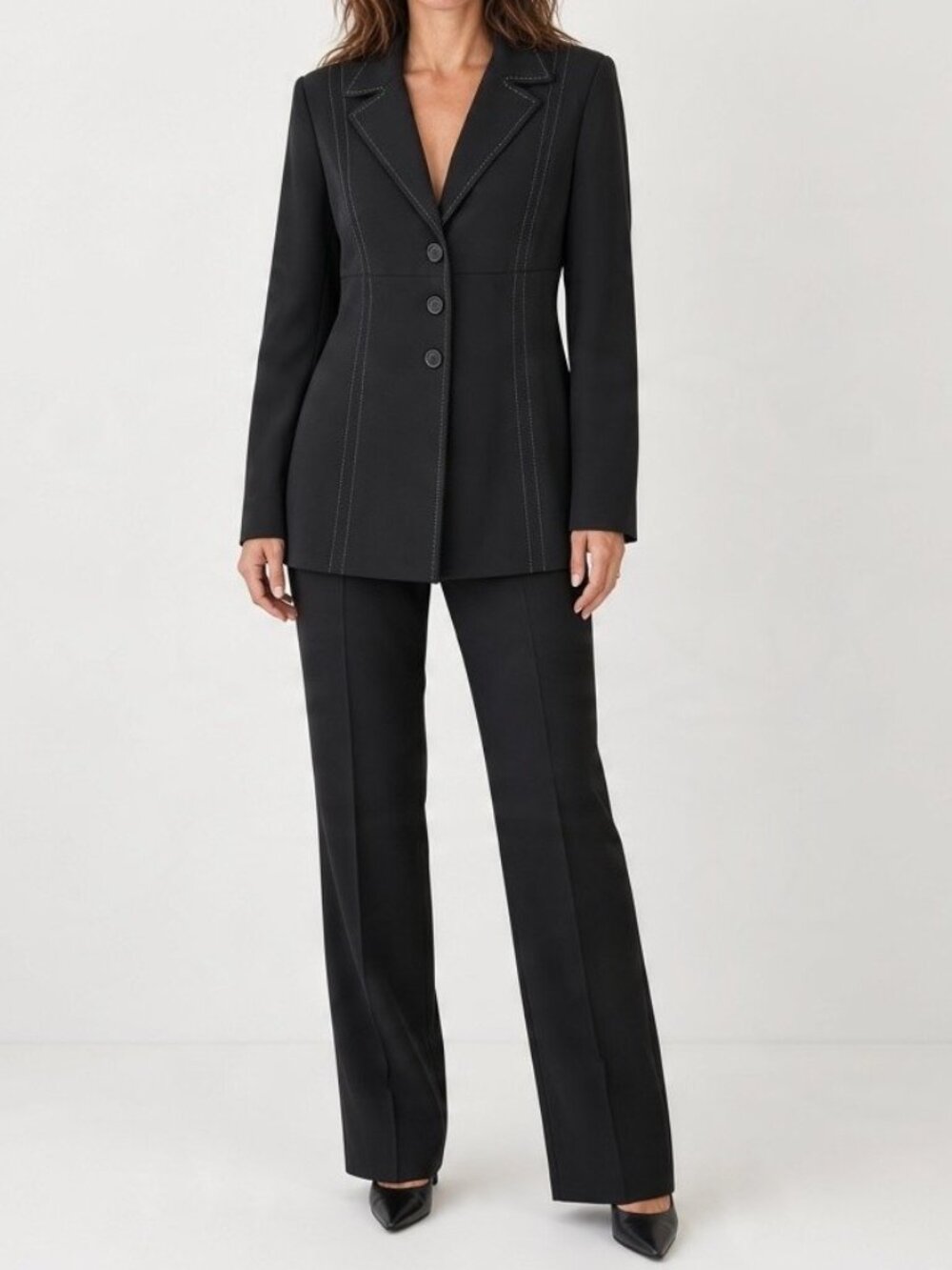 Lena Gabrielle Black 2 Piece Pantsuit Blazer & Slightly Flared Pants Womens 10